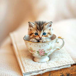 A charming and delightful book cover design featuring a raw photograph of an adorable kitten nestling inside a delicate teacup
