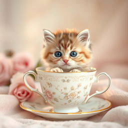 A raw photograph of an adorable fluffy kitten sitting comfortably inside a delicate teacup, surrounded by soft pastel colors