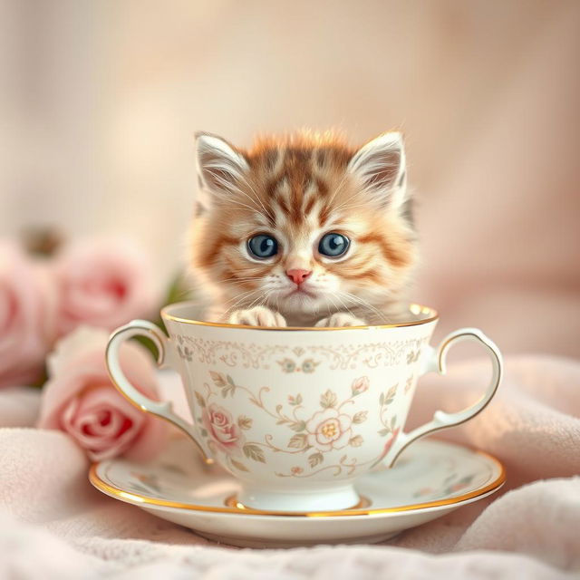 A raw photograph of an adorable fluffy kitten sitting comfortably inside a delicate teacup, surrounded by soft pastel colors