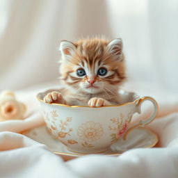 A raw photograph of an adorable fluffy kitten sitting comfortably inside a delicate teacup, surrounded by soft pastel colors