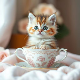 A raw photograph of an adorable fluffy kitten sitting comfortably inside a delicate teacup, surrounded by soft pastel colors