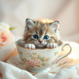 A raw photograph of an adorable fluffy kitten sitting comfortably inside a delicate teacup, surrounded by soft pastel colors