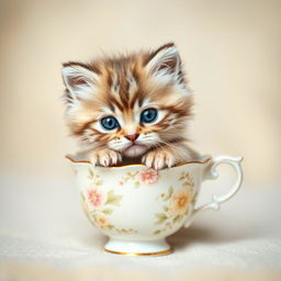 A raw, high-resolution photograph of an adorable, fluffy kitten sitting comfortably inside a delicate, decorative teacup