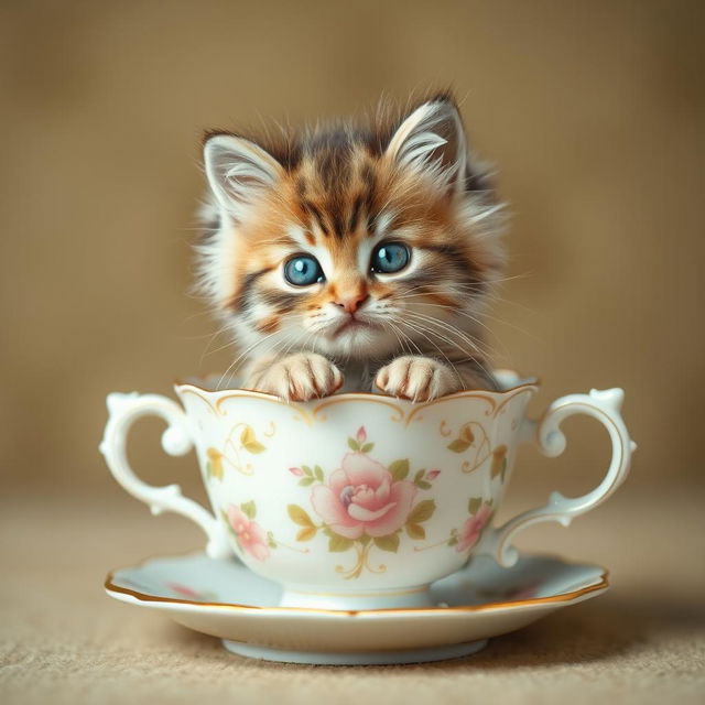 A raw, high-resolution photograph of an adorable, fluffy kitten sitting comfortably inside a delicate, decorative teacup