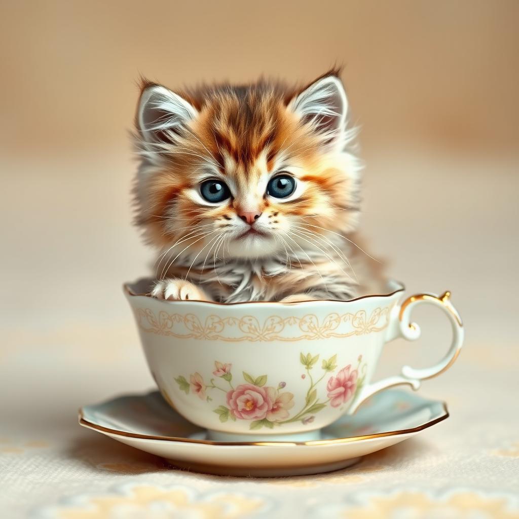 A raw, high-resolution photograph of an adorable, fluffy kitten sitting comfortably inside a delicate, decorative teacup