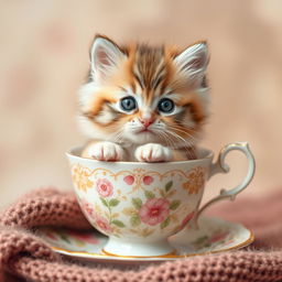 A raw, high-resolution photograph of an adorable, fluffy kitten sitting comfortably inside a delicate, decorative teacup