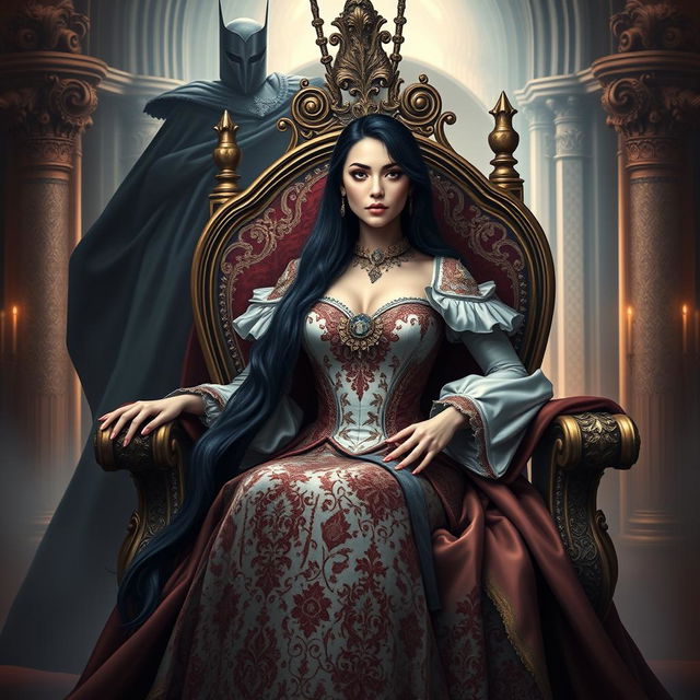 A fantasy-style book cover for a historical novel featuring a regal queen sitting elegantly in a majestic chair