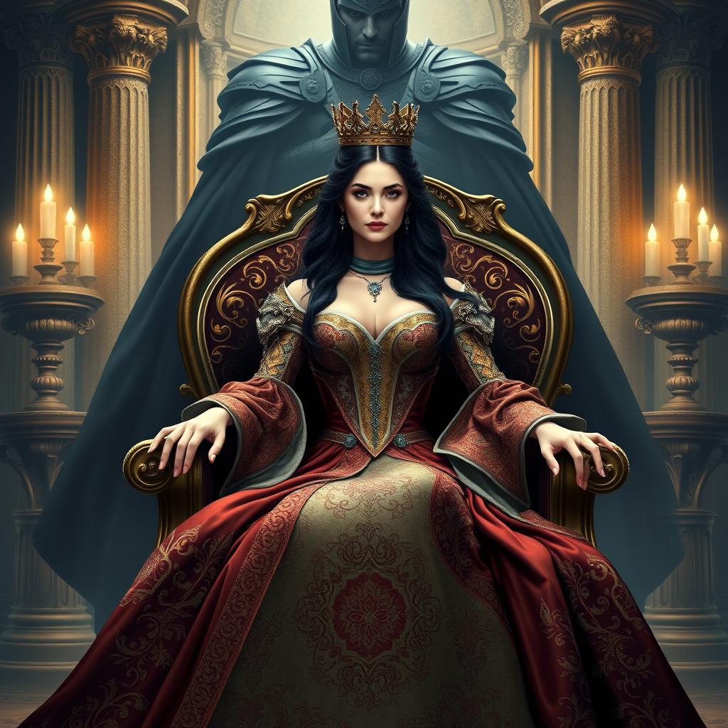 A fantasy-style book cover for a historical novel featuring a regal queen sitting elegantly in a majestic chair