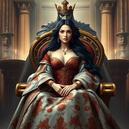 A fantasy-style book cover for a historical novel featuring a regal queen sitting elegantly in a majestic chair