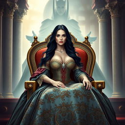 A fantasy-style book cover for a historical novel featuring a regal queen sitting elegantly in a majestic chair