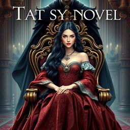 A fantasy-themed book cover for a historical novel showcasing a stunning queen seated gracefully in an ornate chair