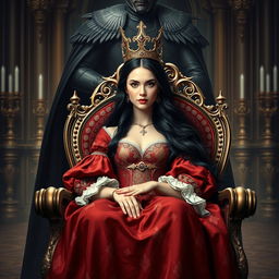 A fantasy-themed book cover for a historical novel showcasing a stunning queen seated gracefully in an ornate chair