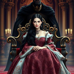 A fantasy-themed book cover for a historical novel showcasing a stunning queen seated gracefully in an ornate chair