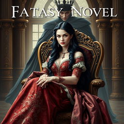 A fantasy-themed book cover for a historical novel showcasing a stunning queen seated gracefully in an ornate chair
