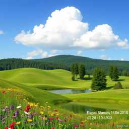 A clean and minimalist design featuring a lush green landscape under a bright blue sky