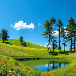 A clean and minimalist design featuring a lush green landscape under a bright blue sky