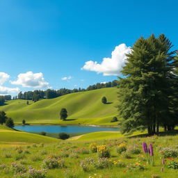 A clean and minimalist design featuring a lush green landscape under a bright blue sky