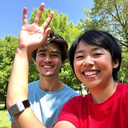 A close-up portrait of two friends smiling and enjoying a sunny day in a park