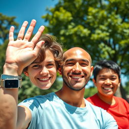 A close-up portrait of two friends smiling and enjoying a sunny day in a park