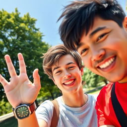 A close-up portrait of two friends smiling and enjoying a sunny day in a park