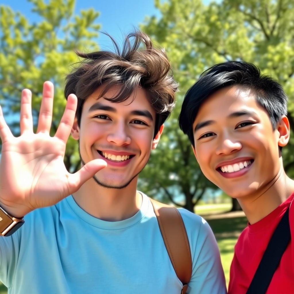 A close-up portrait of two friends smiling and enjoying a sunny day in a park