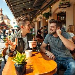 A photo of two friends sitting at a cozy outdoor café, enjoying coffee together
