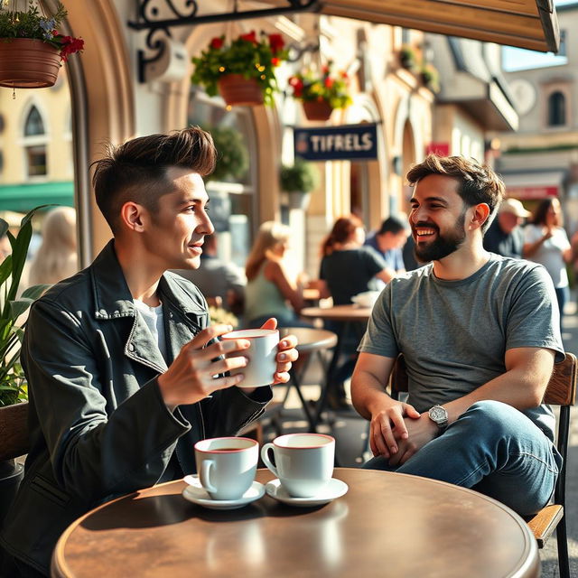 A photo of two friends sitting at a cozy outdoor café, enjoying coffee together