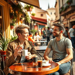 A photo of two friends sitting at a cozy outdoor café, enjoying coffee together