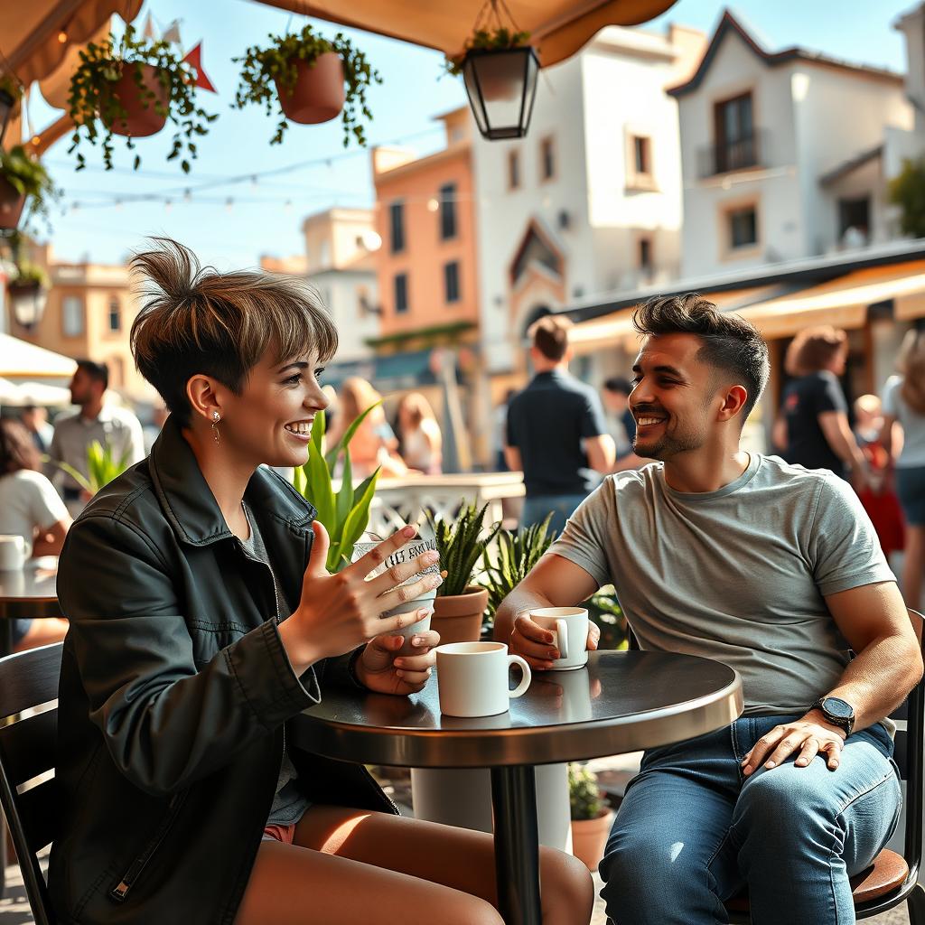 A photo of two friends sitting at a cozy outdoor café, enjoying coffee together