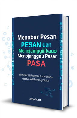 A captivating book cover design for "Menebar Pesan dan Menjangkau Pasar: Representasi dan Komodifikasi Agama di Ruang Digital"
