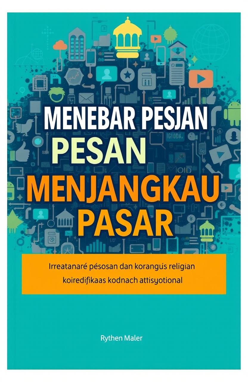 A captivating book cover design for "Menebar Pesan dan Menjangkau Pasar: Representasi dan Komodifikasi Agama di Ruang Digital"