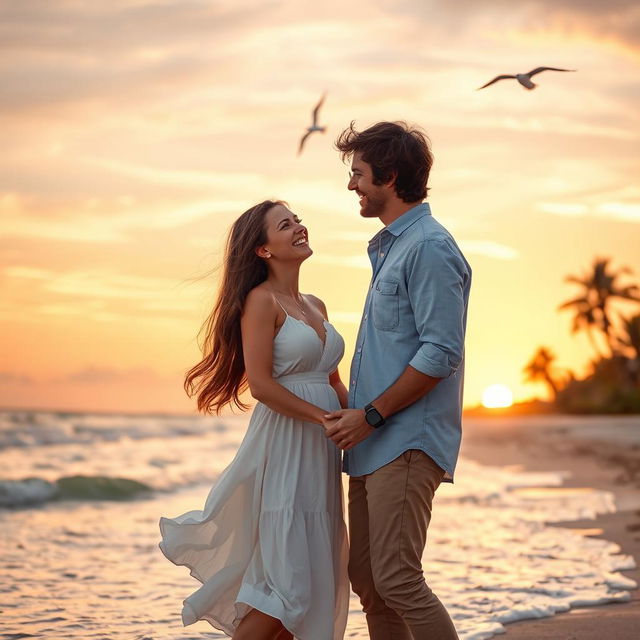 A romantic scene of a couple enjoying a sunset on a beach, with soft waves lapping at their feet