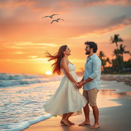 A romantic scene of a couple enjoying a sunset on a beach, with soft waves lapping at their feet