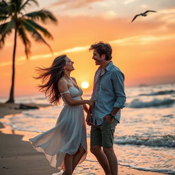A romantic scene of a couple enjoying a sunset on a beach, with soft waves lapping at their feet