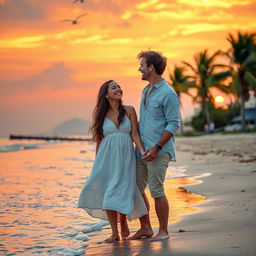 A romantic scene of a couple enjoying a sunset on a beach, with soft waves lapping at their feet