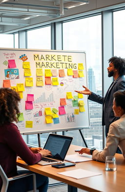 A colorful and engaging marketing campaign concept, featuring a modern office setting with diverse team members brainstorming ideas