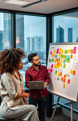 A colorful and engaging marketing campaign concept, featuring a modern office setting with diverse team members brainstorming ideas