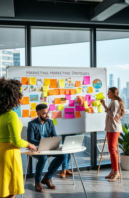 A colorful and engaging marketing campaign concept, featuring a modern office setting with diverse team members brainstorming ideas