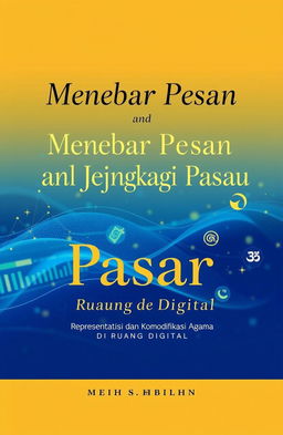 A book cover design featuring the title 'Menebar Pesan dan Menjangkau Pasar: Representasi dan Komodifikasi Agama di Ruang Digital' prominently displayed in elegant typography