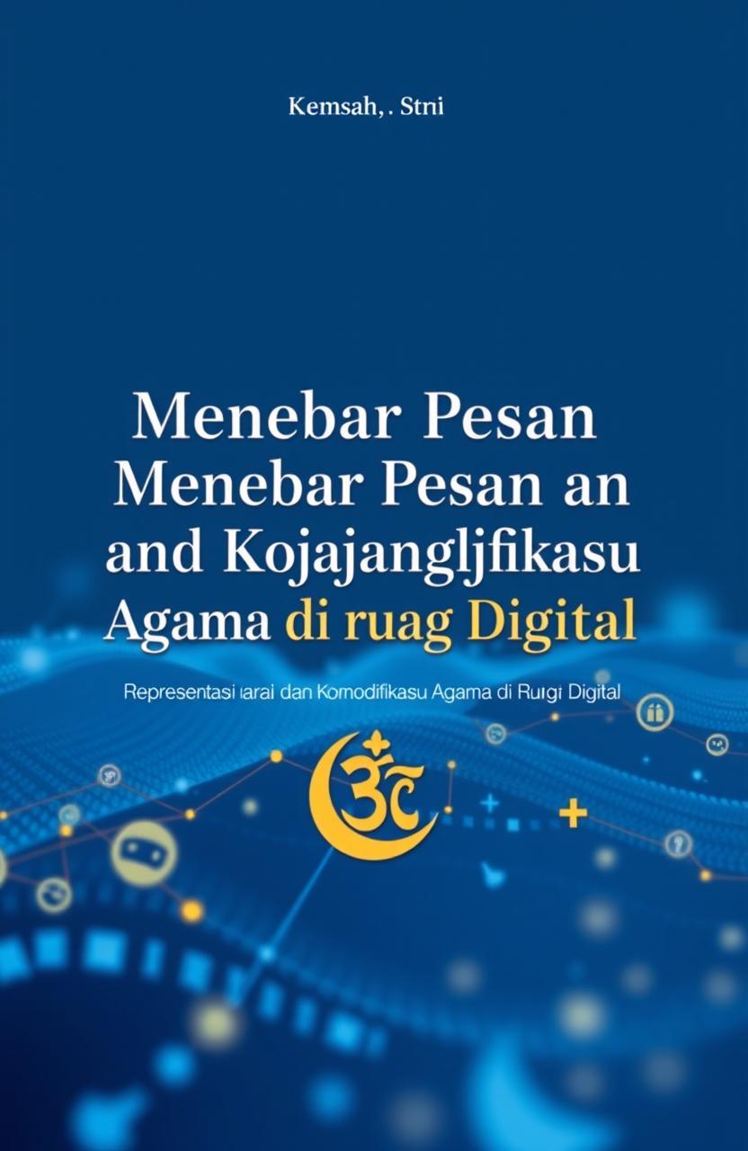 A book cover design featuring the title 'Menebar Pesan dan Menjangkau Pasar: Representasi dan Komodifikasi Agama di Ruang Digital' prominently displayed in elegant typography