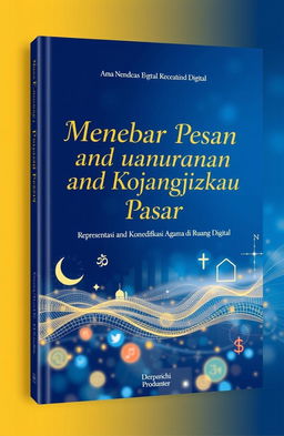 A book cover design featuring the title 'Menebar Pesan dan Menjangkau Pasar: Representasi dan Komodifikasi Agama di Ruang Digital' prominently displayed in elegant typography