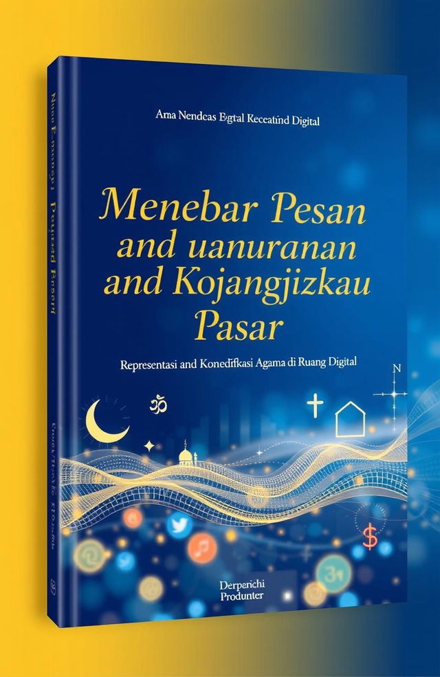 A book cover design featuring the title 'Menebar Pesan dan Menjangkau Pasar: Representasi dan Komodifikasi Agama di Ruang Digital' prominently displayed in elegant typography