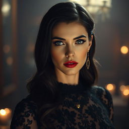 A hyper-realistic, cinematic portrait of a striking woman in her late 20s with pale, flawless skin