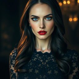 A hyper-realistic, cinematic portrait of a striking woman in her late 20s with pale, flawless skin