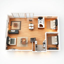 A highly detailed 3D floor plan of a modern, spacious house, showcasing distinct areas such as a living room with large windows, an open kitchen with a central island, and a cozy dining area