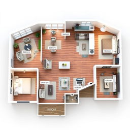 A highly detailed 3D floor plan of a modern, spacious house, showcasing distinct areas such as a living room with large windows, an open kitchen with a central island, and a cozy dining area