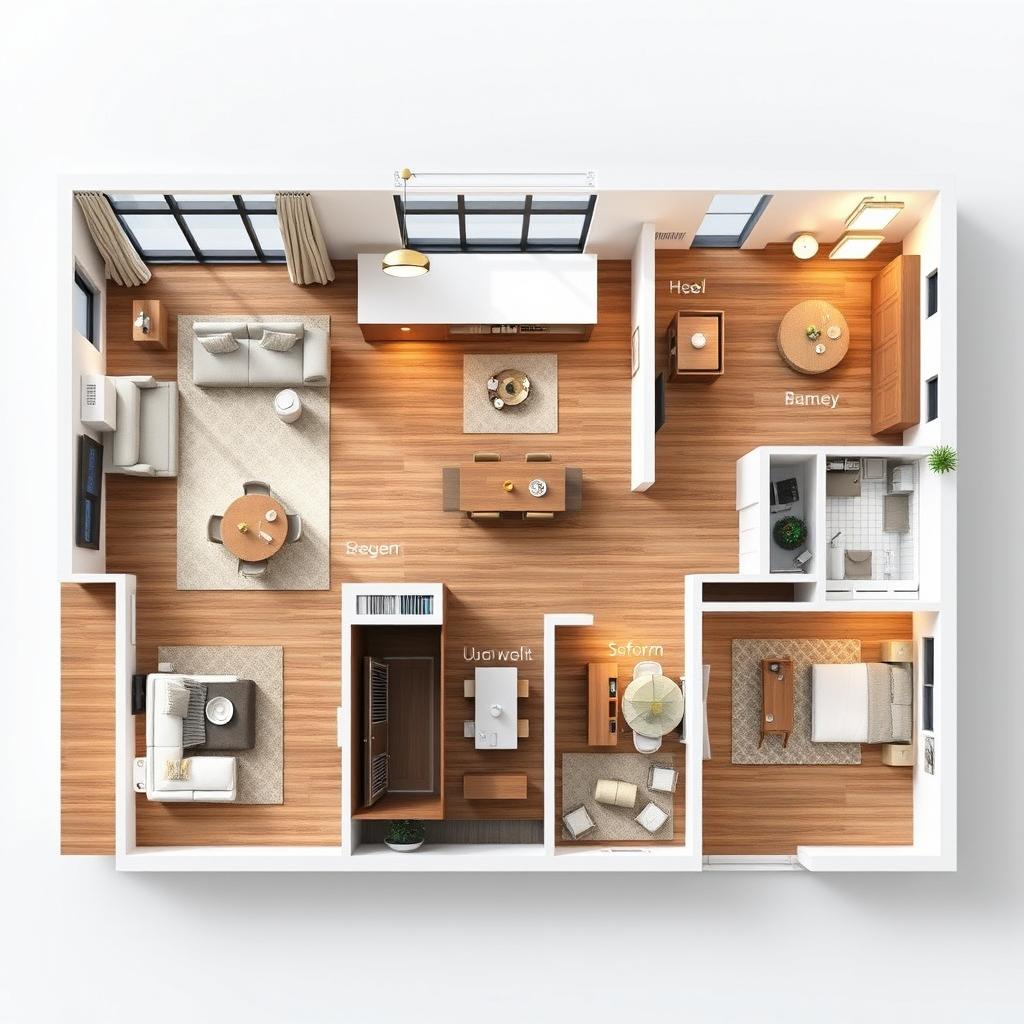 A highly detailed 3D floor plan of a modern, spacious house, showcasing distinct areas such as a living room with large windows, an open kitchen with a central island, and a cozy dining area