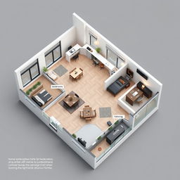 A highly detailed 3D floor plan of a modern, spacious house, showcasing distinct areas such as a living room with large windows, an open kitchen with a central island, and a cozy dining area