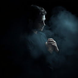A hyper-realistic, cinematic image of a man and a woman standing closely together in a shrouded, foggy environment