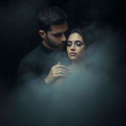 A hyper-realistic, cinematic image of a man and a woman standing closely together in a shrouded, foggy environment